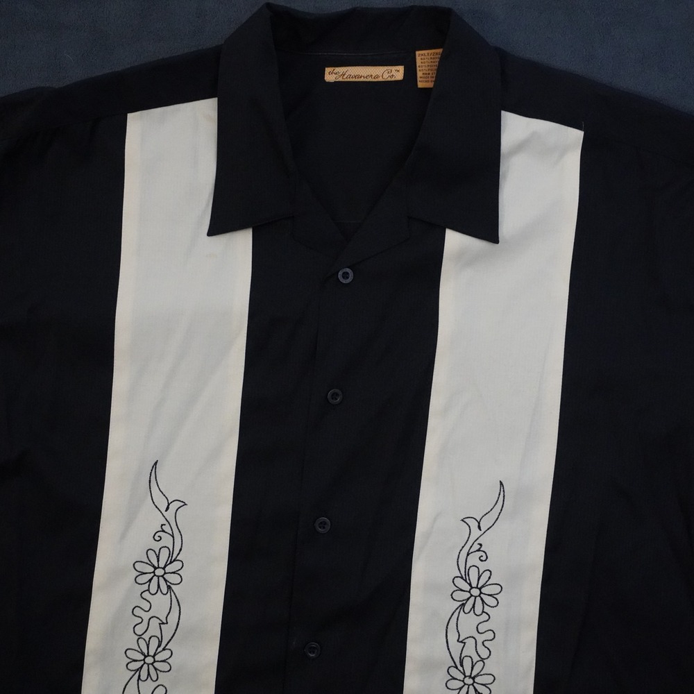 Havanera Co Mens 2XLT Bowling Shirt Black White Embroidered Panel Camp Shirt